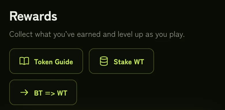 The Rewards page header with the Token Guide, Stake WT and BT to WT buttons