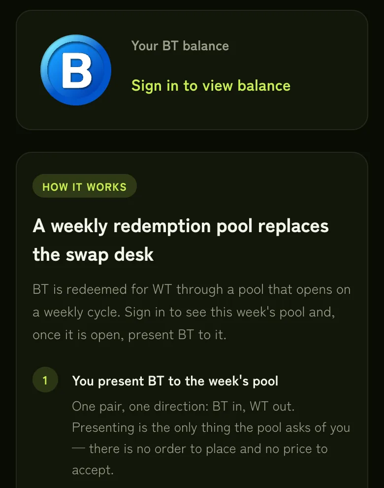 The Exchange page showing your BT balance and how the weekly redemption pool works