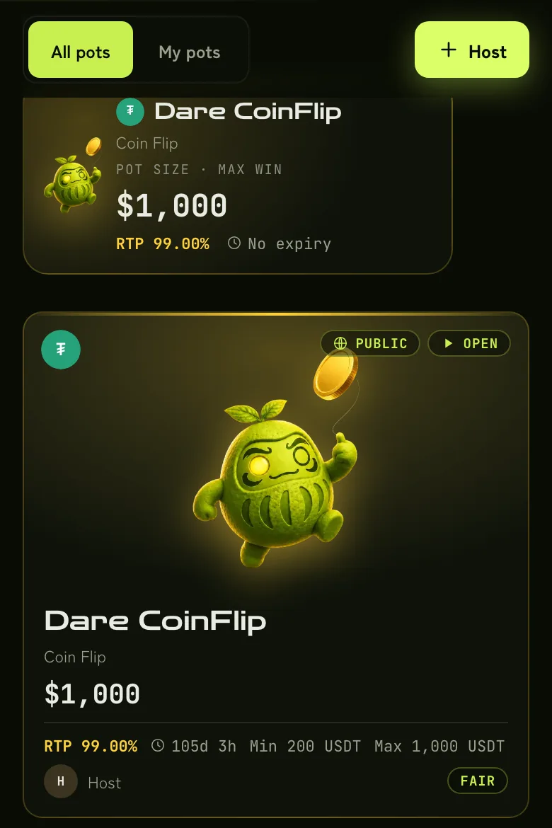 The pots page with the + Host button and a live pot
