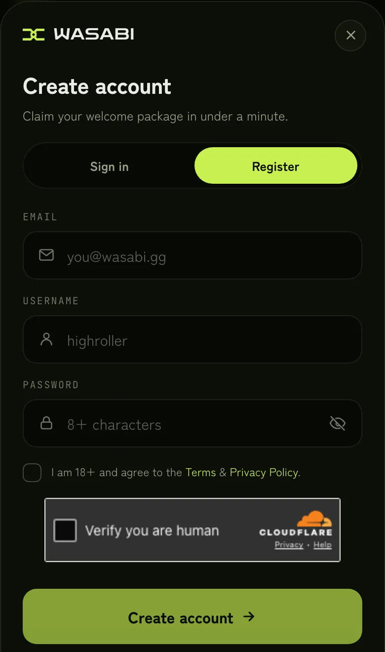 The Create account form with email, username and password fields