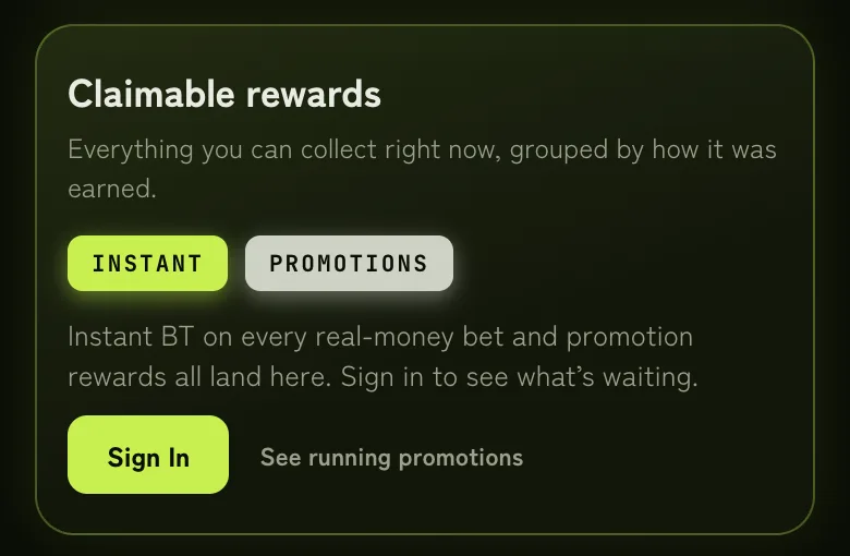 The Claimable rewards card on the Rewards page, with the Instant and Promotions tabs
